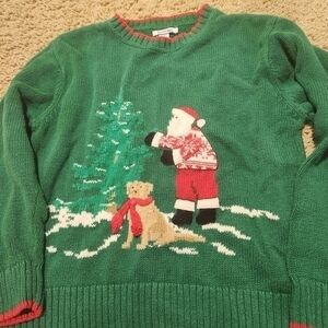 VTG Hartstrings Kids Christmas Sweater Green Christmas Tree Dog‎ Santa 5/6